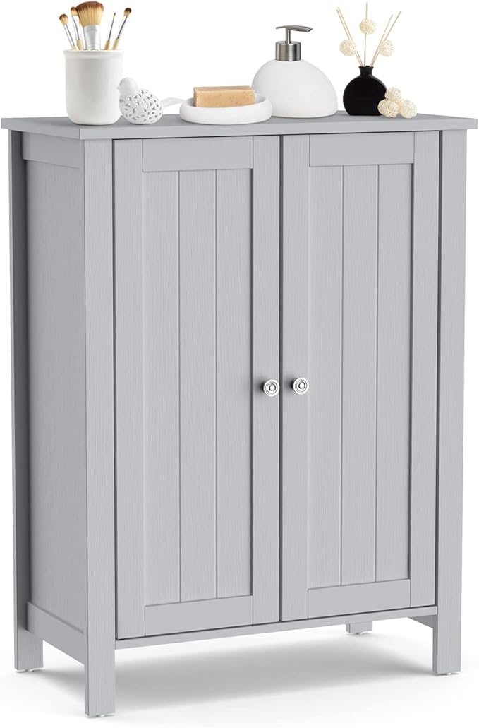 Bathroom Floor Cabinet - Freestanding Side Storage Organizer with Double Doors & Adjustable Shelf