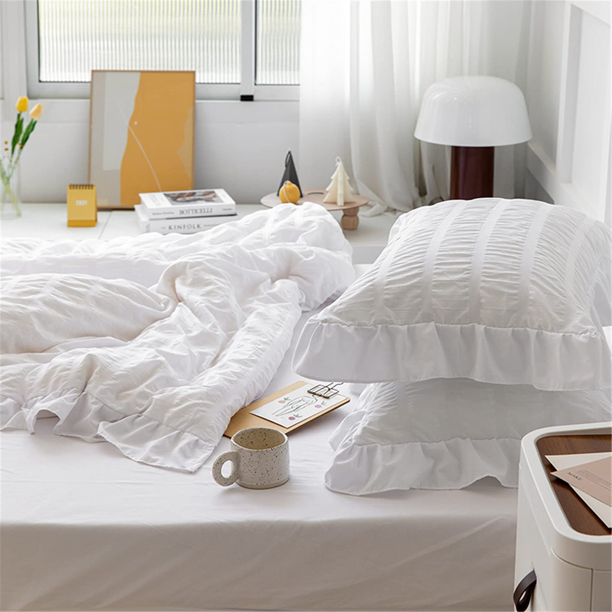 White Ruffled Bedding-2 Pieces Twin Seersucker Duvet Cover Textured Stripe Style, Soft