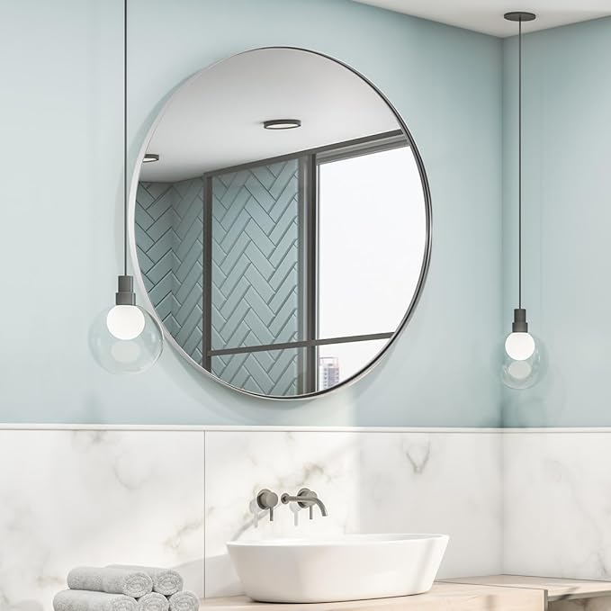 Bathroom Mirror, Brushed Silver Round Bathroom Mirrors