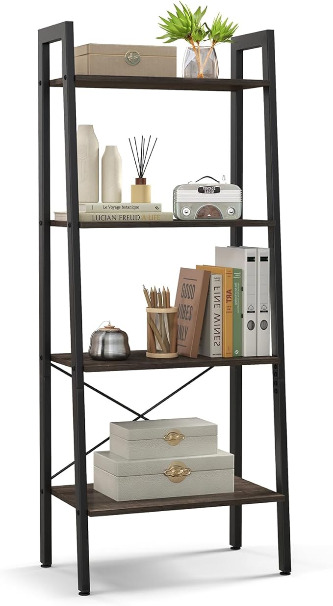 Ladder Bookshelf, 4-Tier Industrial Wood Bookcase w/Metal Frame, Anti-Toppling Device