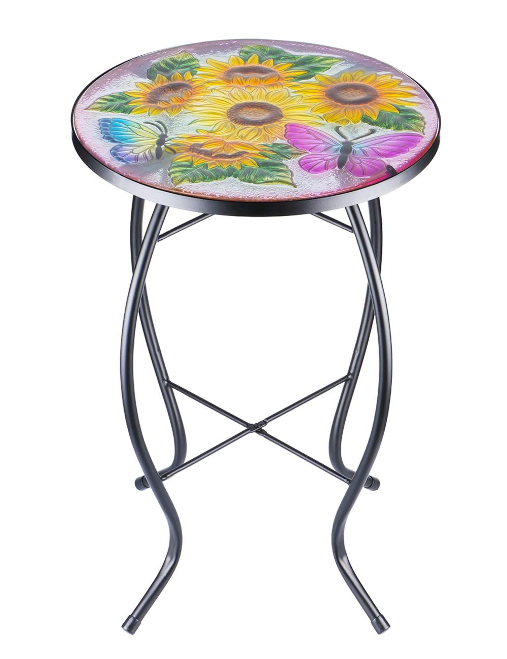 VCUTEKA Patio Side Table Plant Stands Outdoor Accent Table Small Mosaic Table Glass Top Round Balcony Coffee Table Sunflower - Bircata