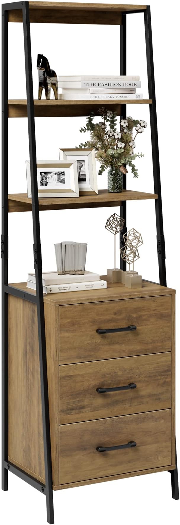 4-Tier Bookshelf, Tall Bookcase with 3 Wooden Drawers, Modern Ladder Book Shlef Storage Organizer for Living Room, Entryway, Office, White Gold