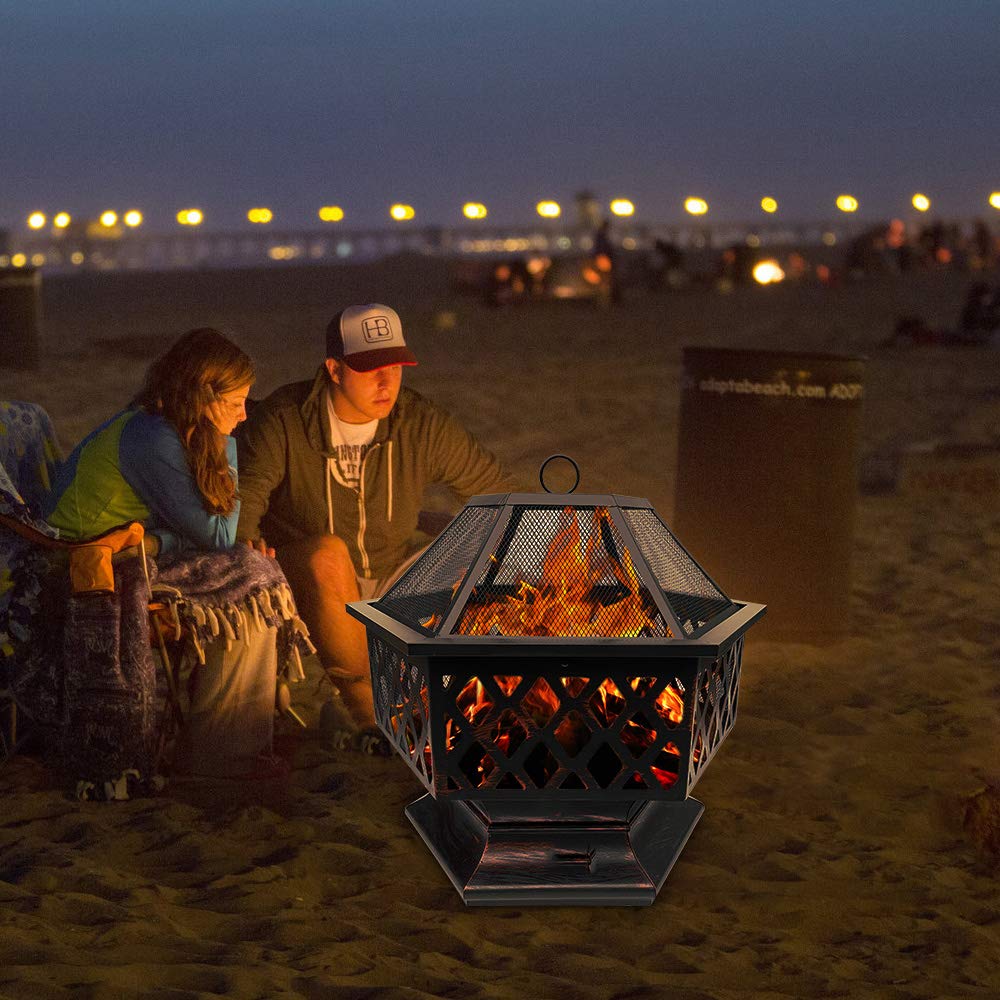Steel Hexagonal Fire Pit Fire Bowl for Garden and Patio Outdoor Garden Heater Bronze