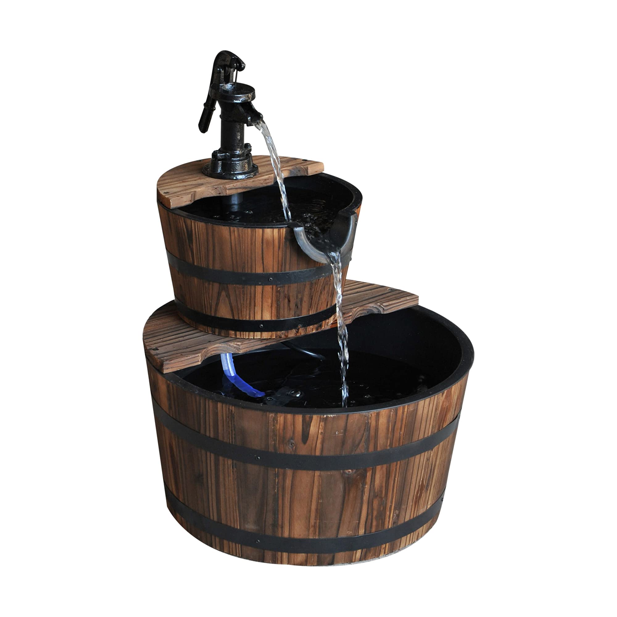 Wood Freestanding Fountain with 2 Tier Waterfall Barrel, Electric Pump for Garden Decor