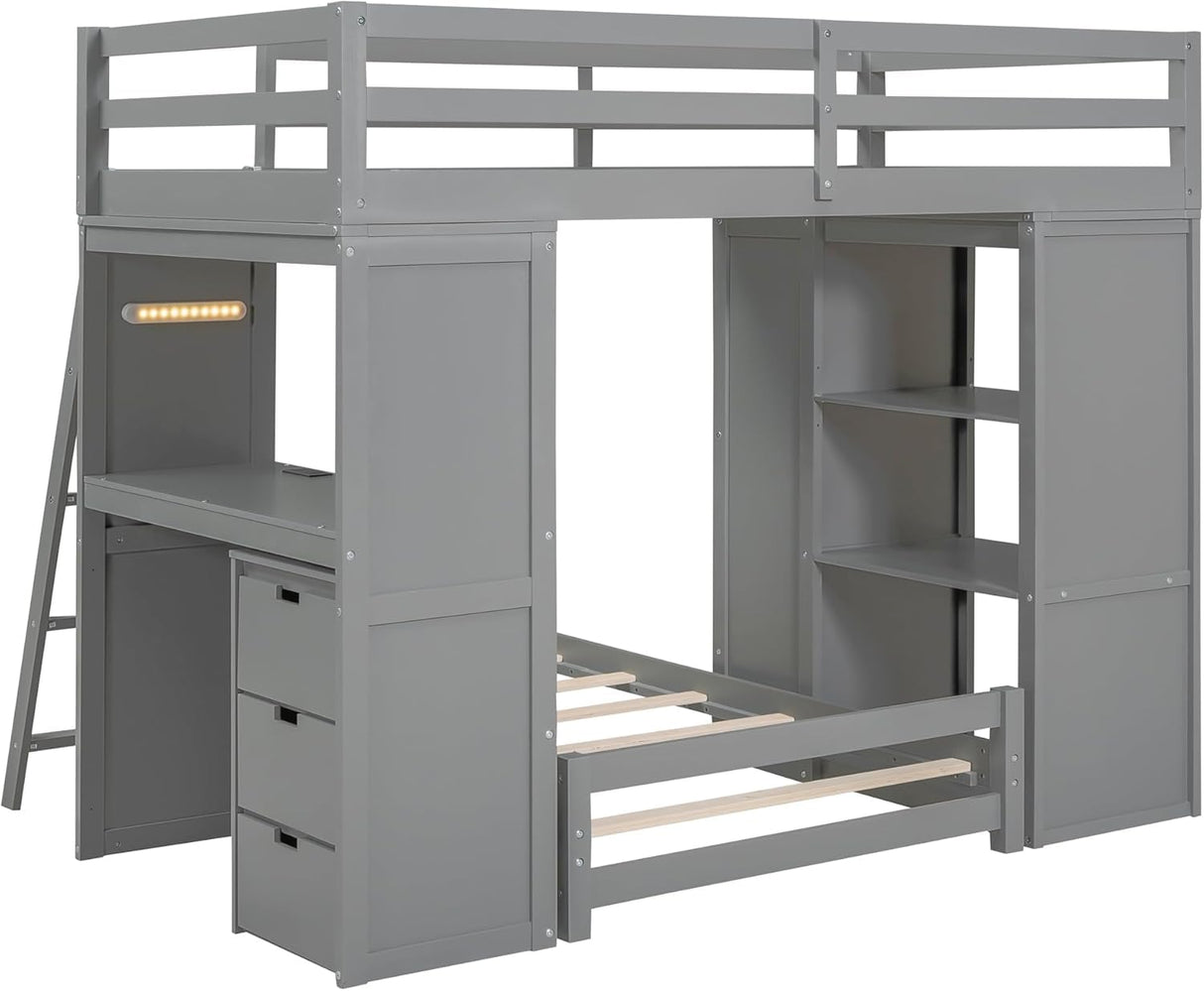 Over Twin Bunk Bed Loft Bed with Desk/ 8 Drawers/ 3 Shelves/Stairs/LED Light and USB