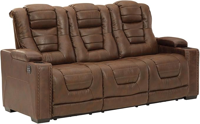 Game Zone Faux Leather Adjustable Power Reclining Sofa with Cup Holders and Storage, Brown