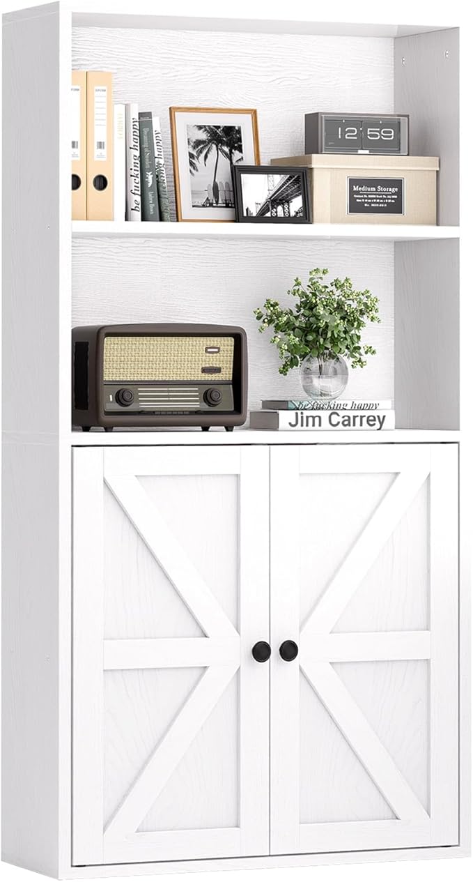 oneinmil 5-Tier Bookshelf with Storage, Wooden Bookcase with Cabinet Doors, Floor Bookshelves and Office Storage Cabinets for Home Office, Living Room (White, 5-Tier)