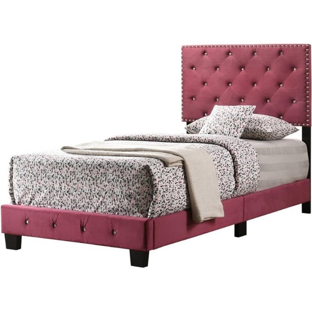 Glory Furniture Suffolk Velvet Upholstered Twin Bed in Cherry