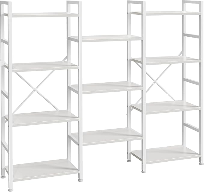 Triple 4 Tier Bookshelf, Bookcase with 11 Open Display Shelves, Wide Book Shelf Book Case for Home & Office, Rustic Brown