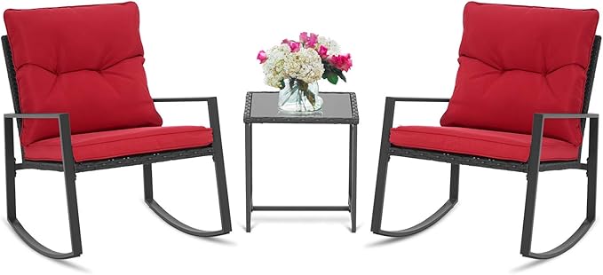 3 Piece Outdoor Rocking Bistro Set Black Wicker Furniture Porch Chairs Conversation Sets with Glass Coffee Table, Beige