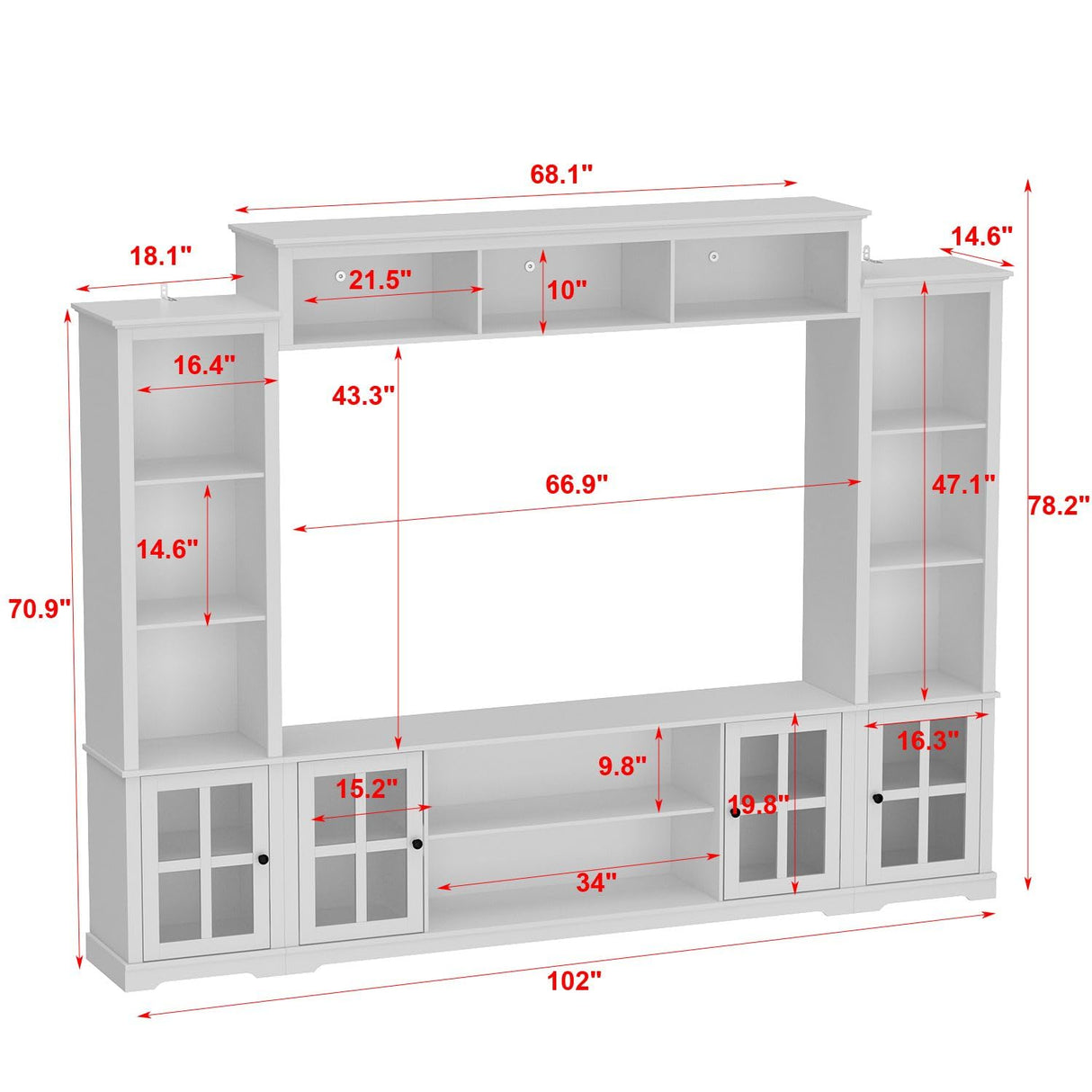 Large Entertainment Center with Bookshelves & Glass Doors, Wall Unit with Bridge