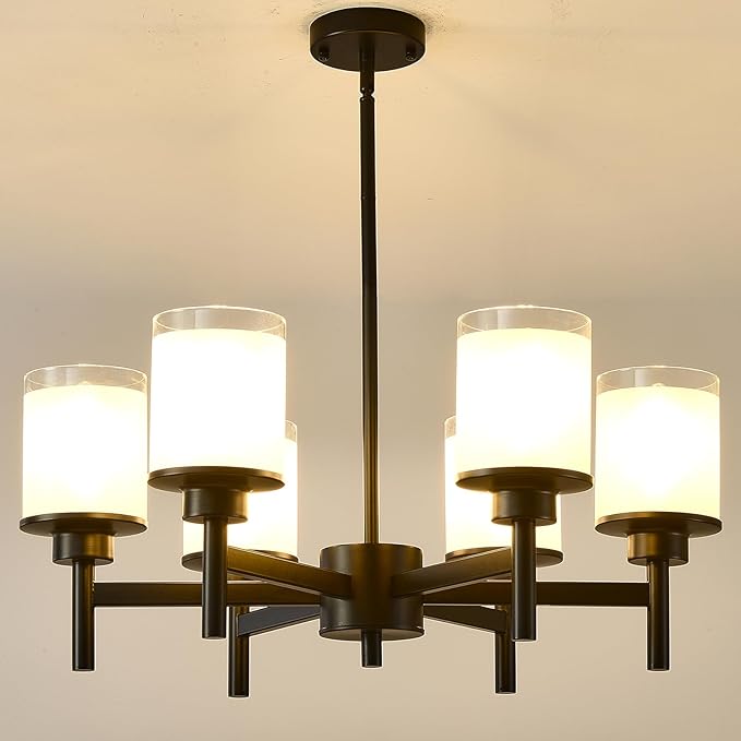 Farmhouse Wood Wagon Wheel Chandelier,6-Light Rustic Pendant Light with Glass Shades