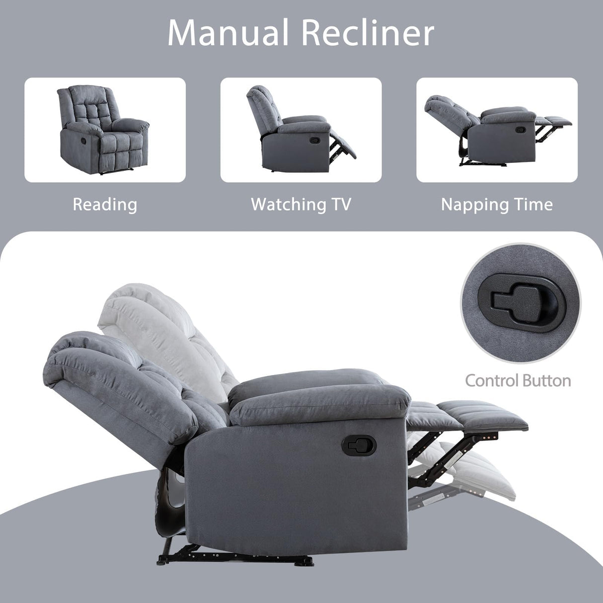 ComforTuff Duo Recliners – 2Pcs Manual Overstuffed Recliner Chairs with Padded Headrest