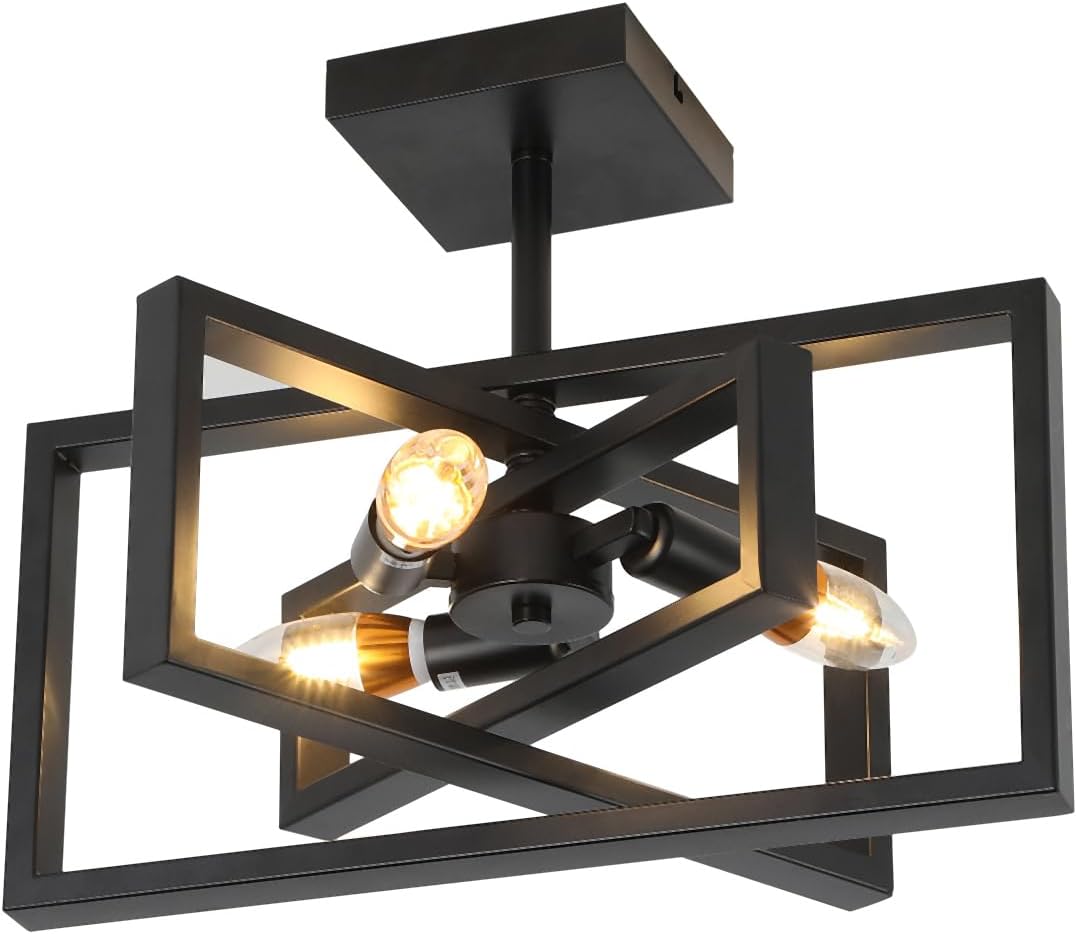 3-light Rustic Semi Flush Mount Rectangle Ceiling Light Industrial Pendant Lighting