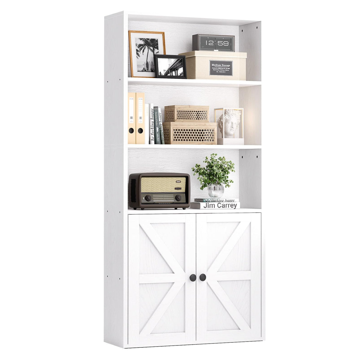 oneinmil 5-Tier Bookshelf with Storage, Wooden Bookcase with Cabinet Doors, Floor Bookshelves and Office Storage Cabinets for Home Office, Living Room (White, 5-Tier)