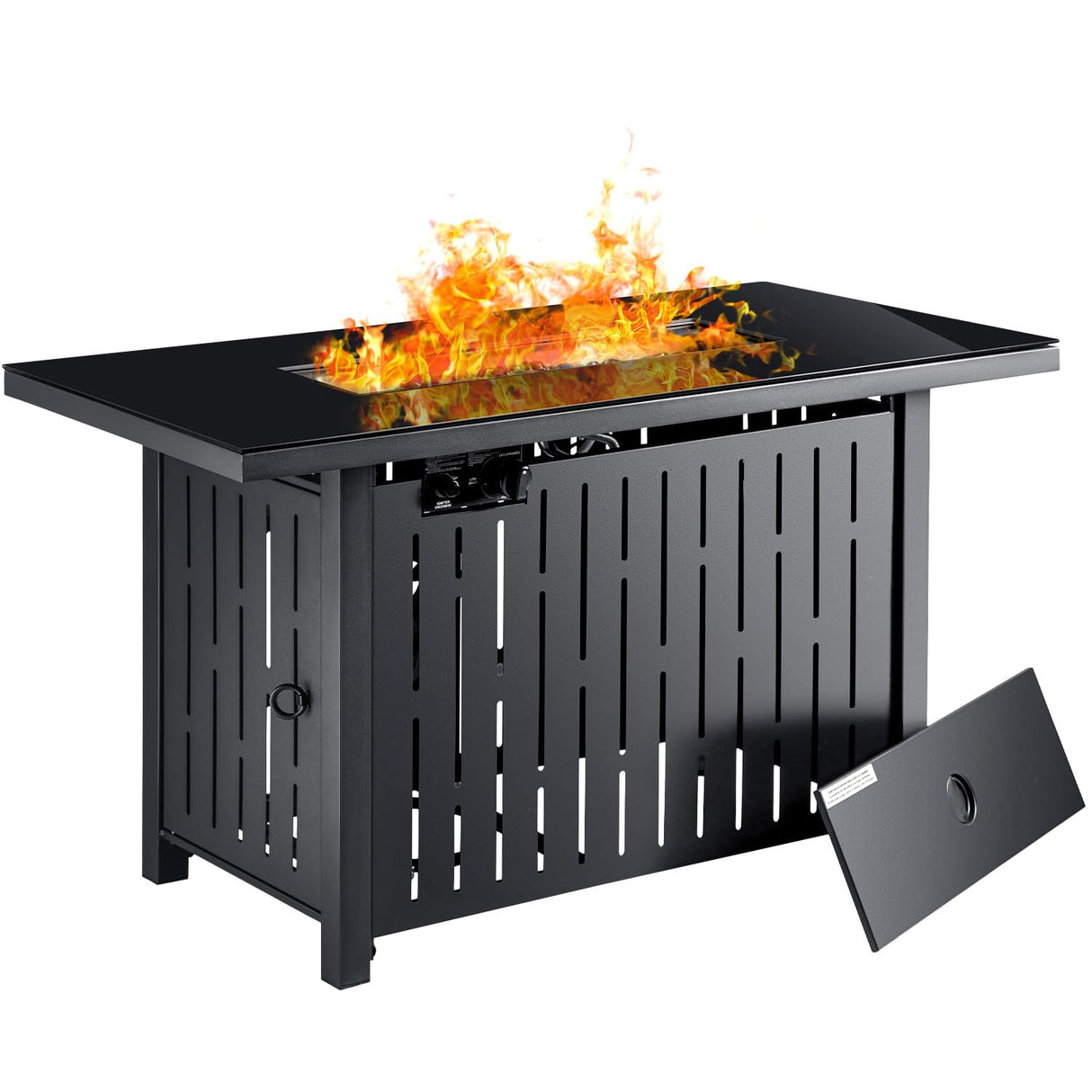 Flamaker Gas Fire Pit Table 43 inch 50000 BTU Outdoors Gas Propane Firepits with Tempered Glass Desktop, Lid & Lava Rock and Waterproof Cover for Deck, Backyard, Patio - Bircata
