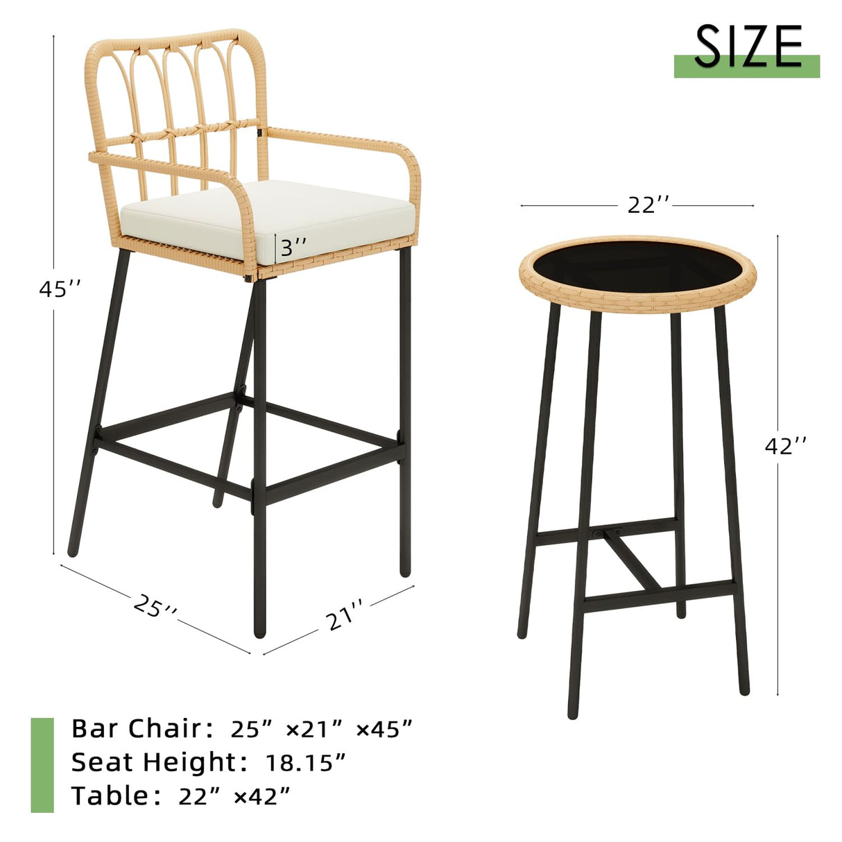 Vikiullf 3 Pieces Patio Bar Table Set, Outdoor Wicker Bar, All Weather Height Bar Stools and Table Set, for Garden, Deck, Balcony