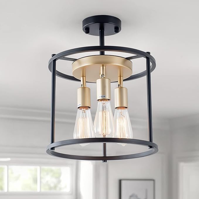 Farmhouse Semi Flush Mount Ceiling Light Fixture, 3-Light Industrial Black Close to Ceiling Lights,Chandeliers