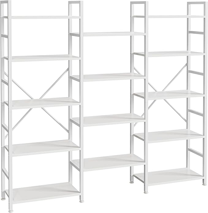 Triple 4 Tier Bookshelf, Bookcase with 11 Open Display Shelves, Wide Book Shelf Book Case for Home & Office, Rustic Brown