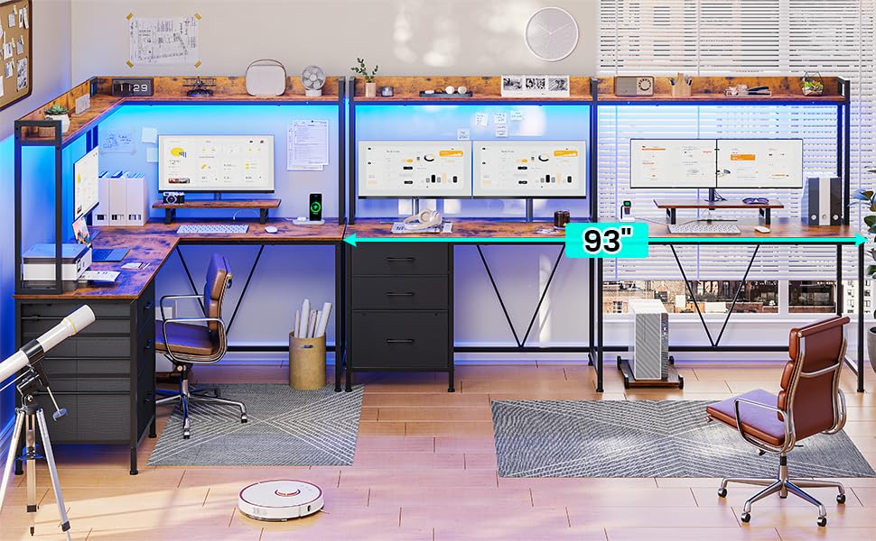 L Shaped Gaming Desk with Shelves, Reversible Computer Desk with Power Outlet & LED