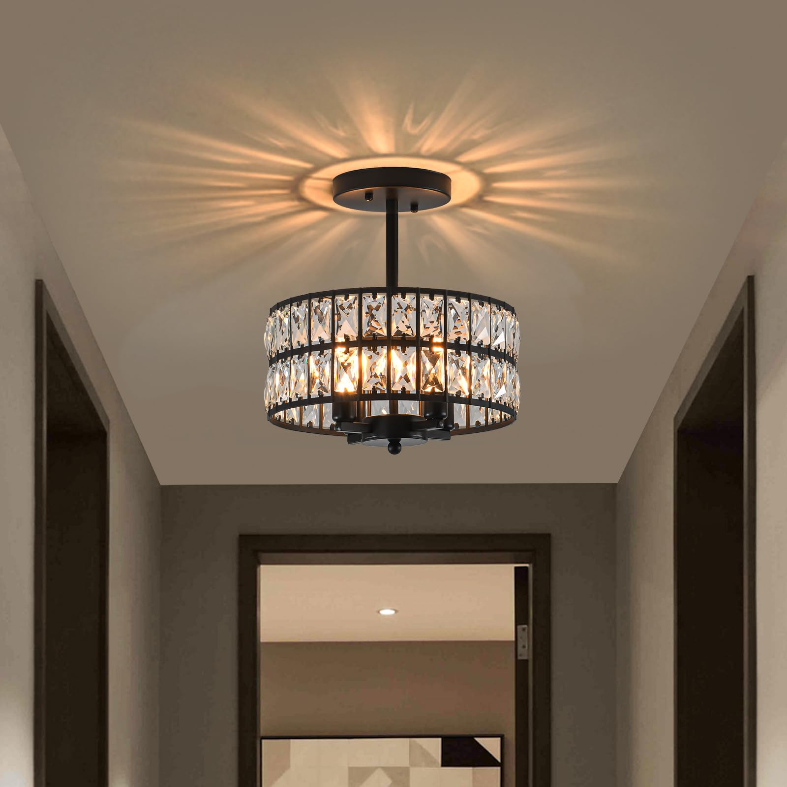 SeeU Modern Crystal Chandelier Black Flush Mount Pendant Lighting 12.6'' Ceiling Light Fixture for Bathroom Bedroom Hallway…