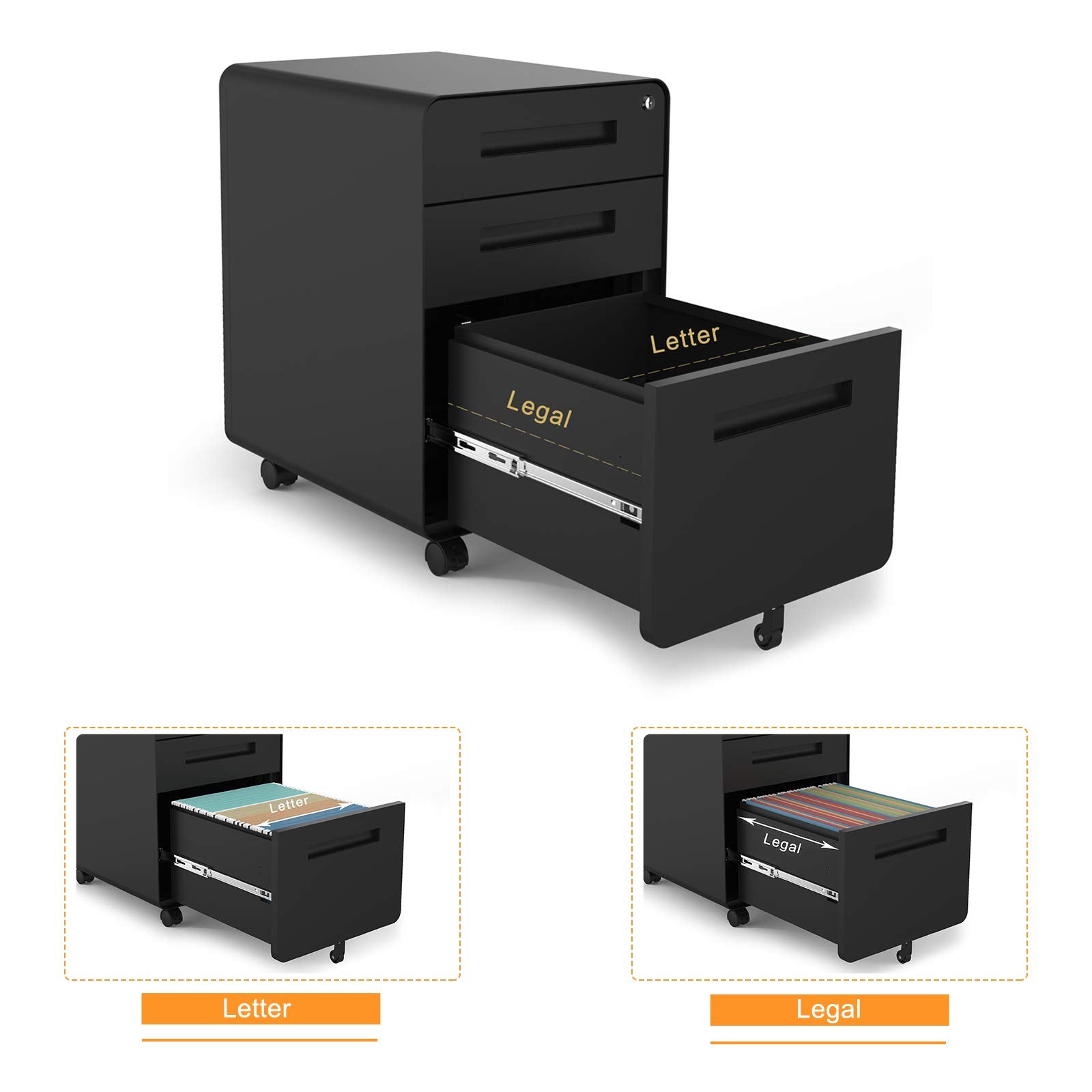 23.8" H 3 Drawer Rolling File Cabinet with Lock, Mobile File Cabinet Under Desk with Pencil Tray,