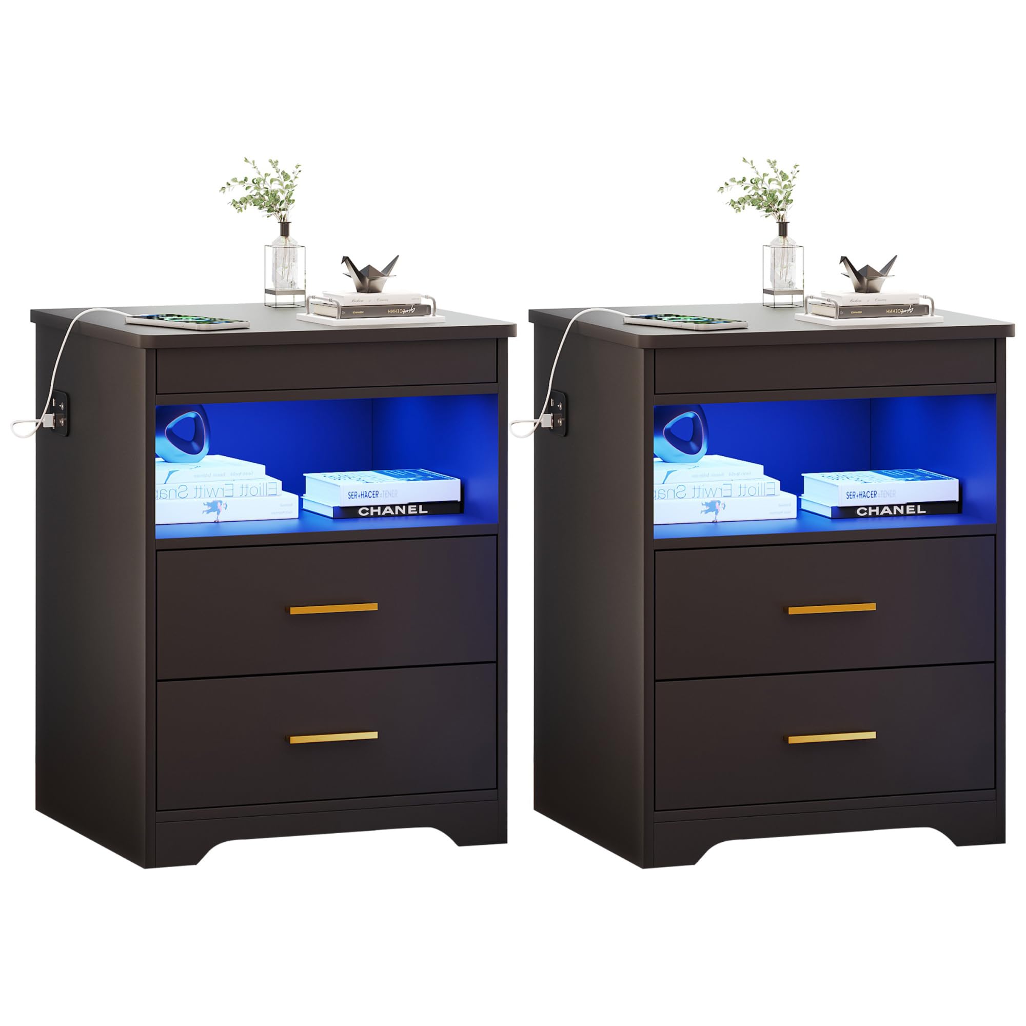 Nightstand Set of 1/2, Charging Bedside Table with USB & Type-C Port, LED Nightstand