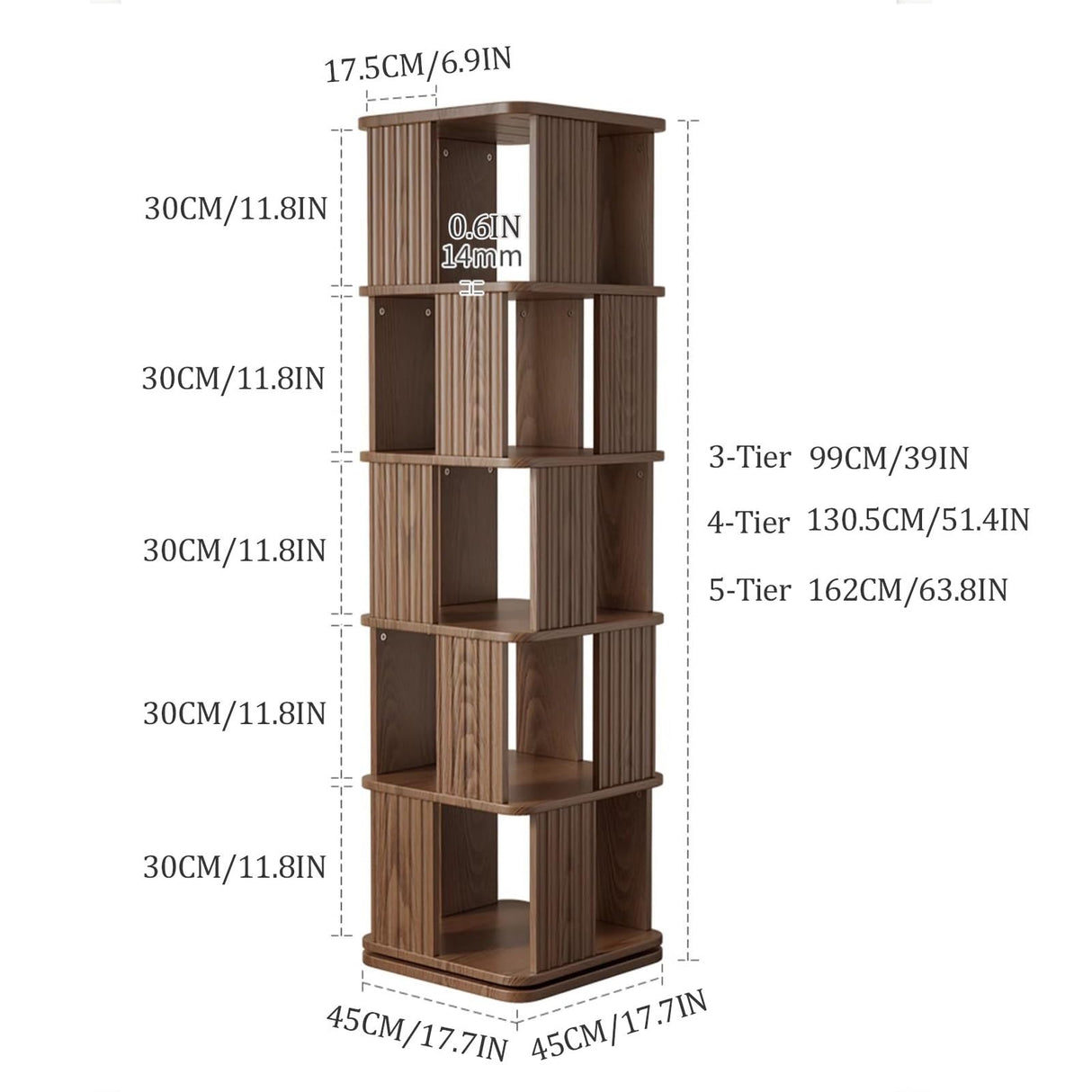 Wooden Revolving Bookcase for Kids & Adults,Floor Standing Display Shelf Storage Rack,3/4/5 Tier Corner Bookcase Rotating Bookshelf tower,360 Square Swivel Bookcase Rotating Bookshelf tower.(Walnut,4-