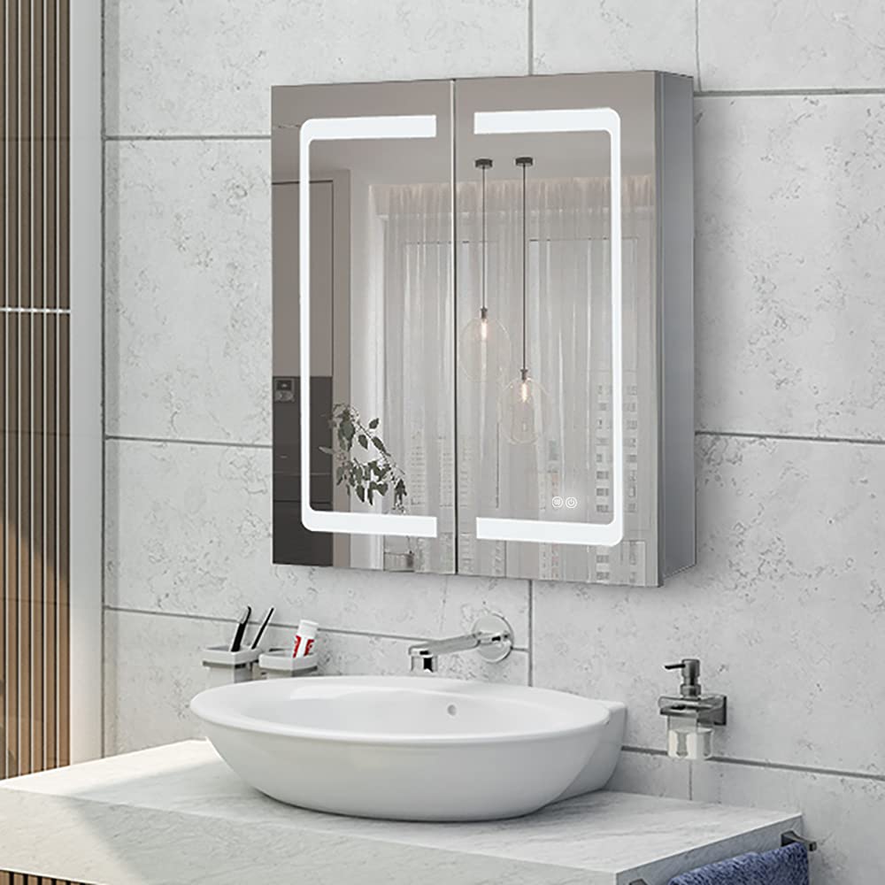 24 Inch X 28 Inch Illuminated Led Mirror Cabinet for Bathroom Stainless Steel Wall Mounted Medicine Cabinet