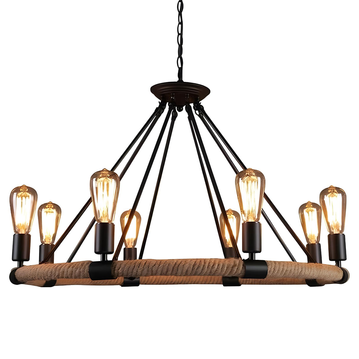 8-Light Wagon Wheel Chandelier, 83.6" Height Adjustable Hemp Rope Farmhouse Chandelier