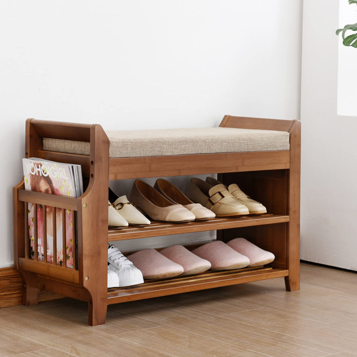 2-Tier Shoe Storage Bench with Storage, Bamboo Shoe Bench with Cushioned Seat