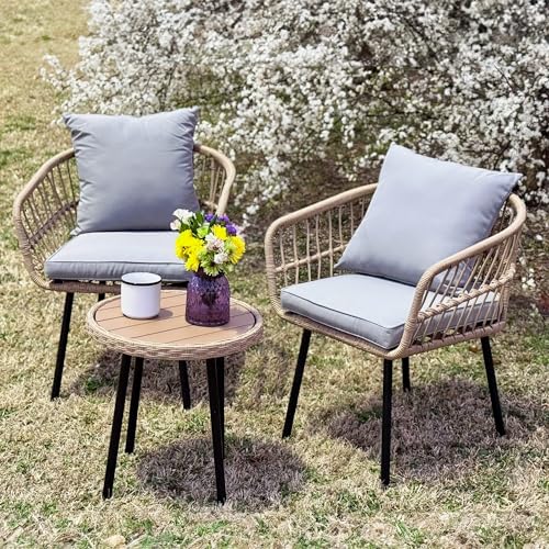 3 Pieces Outdoor Bistro Set, All-Weather Wicker Patio Furniture Set