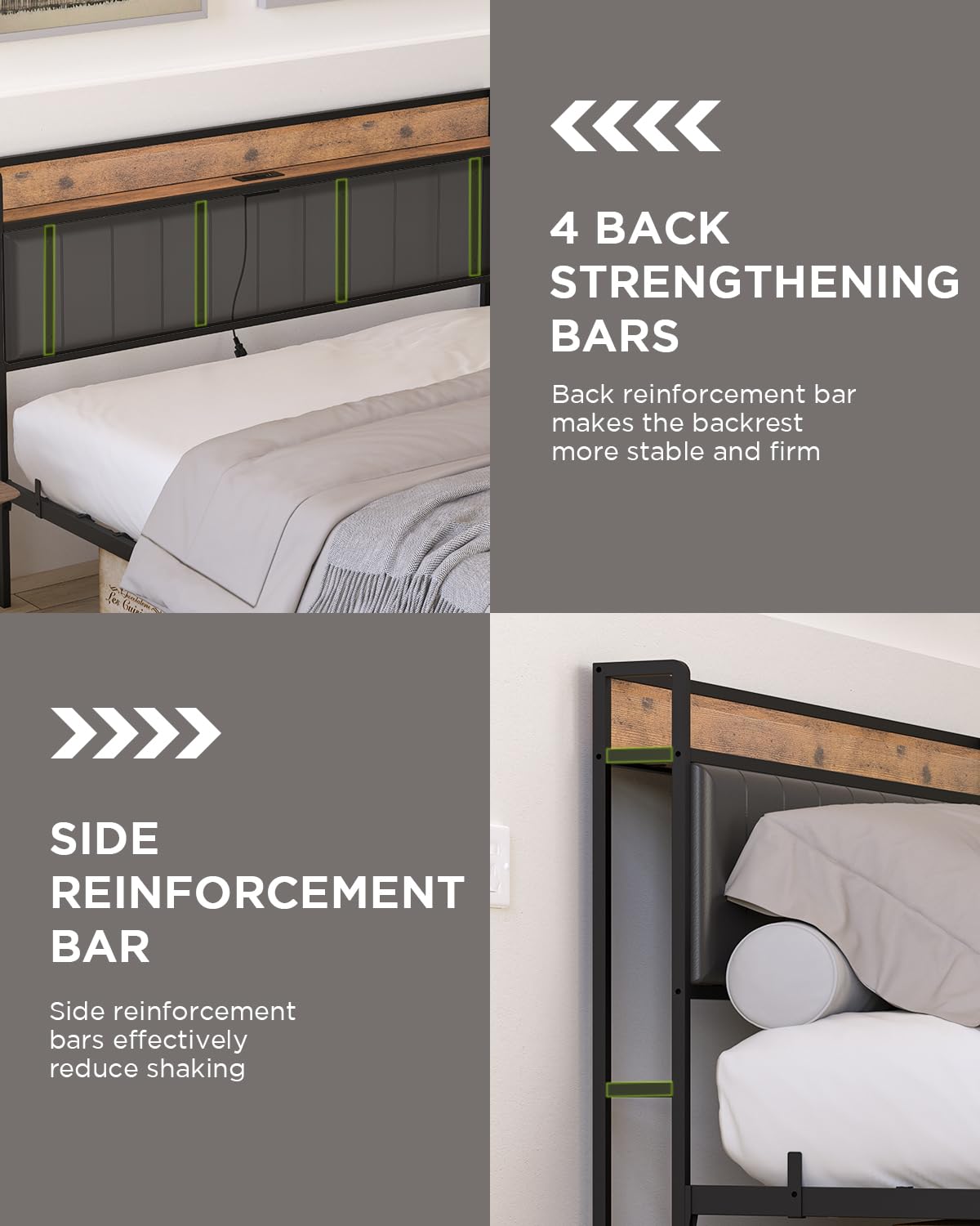 Bed Frame with Storage Headboard, Built-in Charging Station, Easy Assembly, Noise Free,
