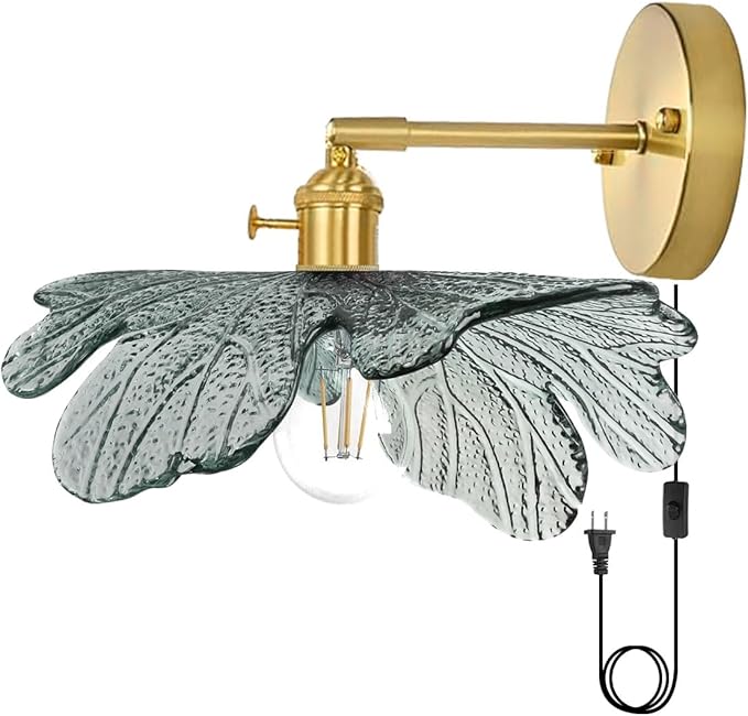 Glass Plug in Wall Light Mid Century Modern Wall Sconce Purple Flower Shade On/Off Switch Gold