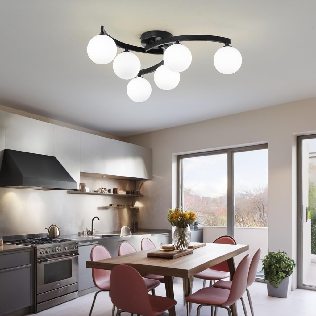 Mid Century Glass Globe Semi Flush Mount Ceiling Light - 6 Light Sputnik Chandelier