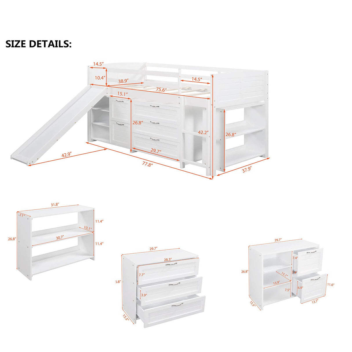 Slide and Storage Twin Loft Bed Frame with Cabinet Drawers and Book Shelves, Wooden