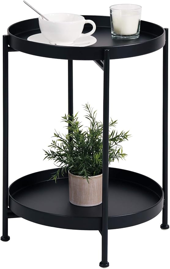 Tiita Round End Table Mental 2-Tier Side Table Nightstand/Small Iron Tables Accent Coffee Table for Living Room Bedroom Office Small Space