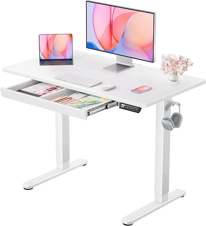 Standing Desk with Drawer, 44 x 24 inch Electric Height Adjustable Desk with 4 Preset Heights & 2 Storage Hooks, Sit Stand Desk with Drawer, Computer Home Office Desk with Splice Board, White