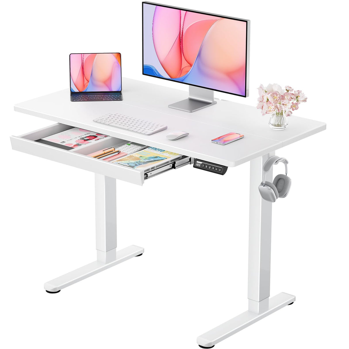 Standing Desk with Drawer, 44 x 24 inch Electric Height Adjustable Desk with 4 Preset Heights & 2 Storage Hooks, Sit Stand Desk with Drawer, Computer Home Office Desk with Splice Board, White