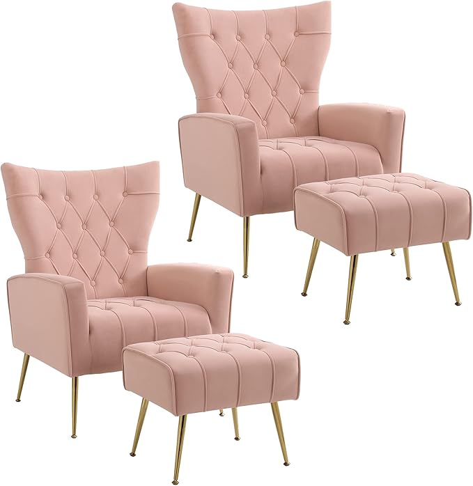 Ottoman Set of 2, Comfy Chair and Ottoman Set, Upholstered Tufted Lounge Chair with Wide Seat Footrest, Reading Armchair for Living Room Bedroom, Beige,Velvet