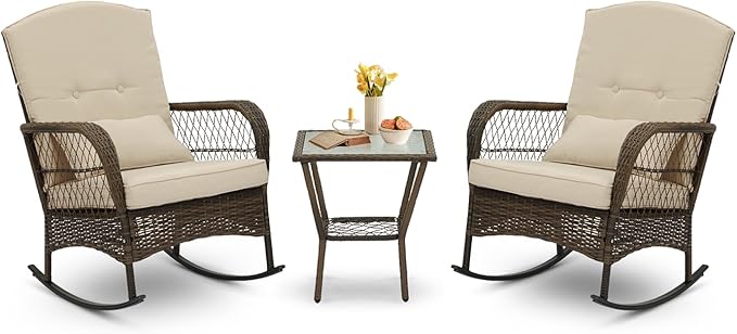 3 Piece Rocking Bistro Set Wicker Outdoor Patio Chairs Rattan Conversation Sets