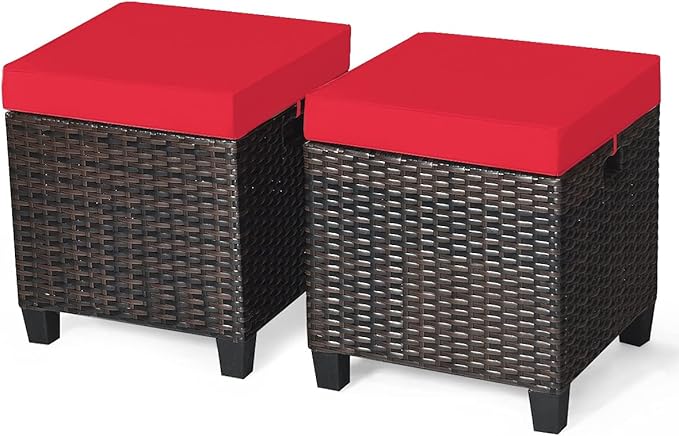 Outdoor Ottoman Set of 2, All Weather Rattan Wicker Patio Ottoman w/Removable