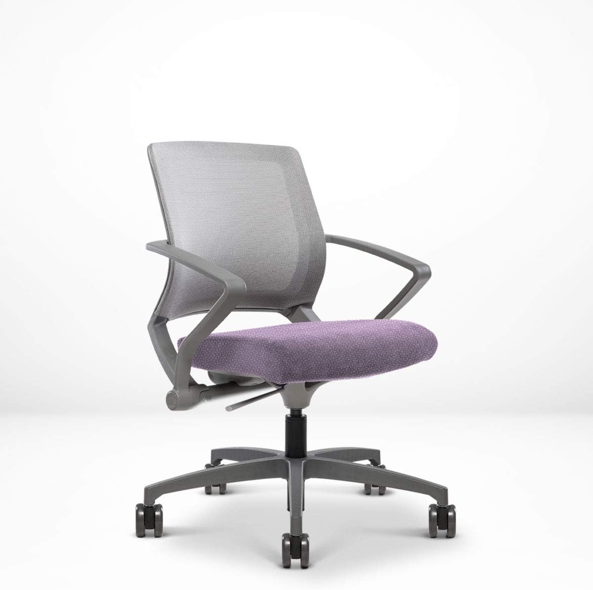 Integrated Fixed Arms and Generous Recline, Built-in Lumbar Support for Compact Home Offices, 5-Star Swivel Base and Grey Frame, Lilac
