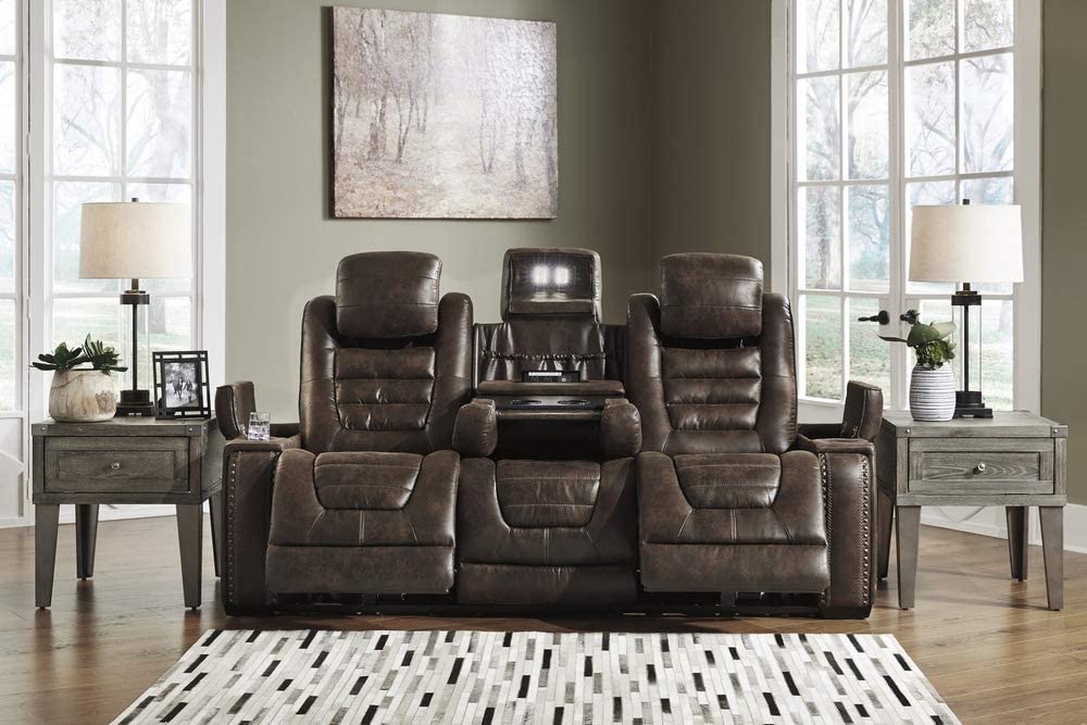Game Zone Faux Leather Adjustable Power Reclining Sofa with Cup Holders and Storage, Brown