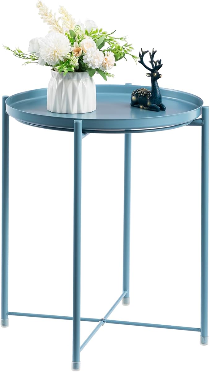 Round Metal Side Table, Outdoor Small Folding Accent Stand with Removable Tray