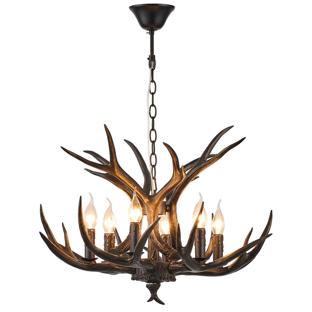 Coffee Brown Resin Antler Chandelier 6-Light Easy Install - Rustic Lodge Ceiling Fixture with E12 Base for Cabin, Living Room & Dining Room Deer Horn Antler Lamp (Coffee Brown)