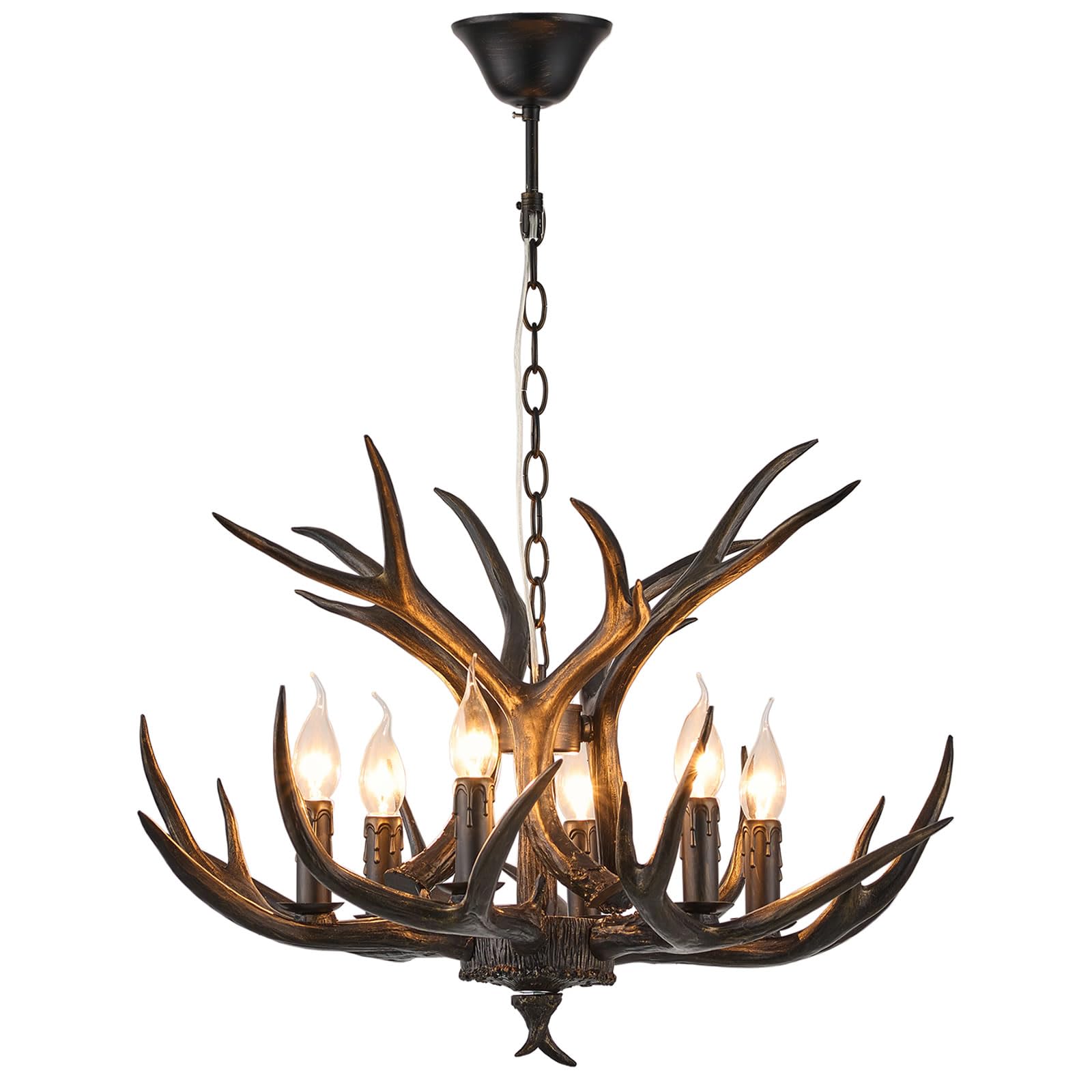 Coffee Brown Resin Antler Chandelier 6-Light Easy Install - Rustic Lodge Ceiling Fixture with E12 Base for Cabin, Living Room & Dining Room Deer Horn Antler Lamp (Coffee Brown)