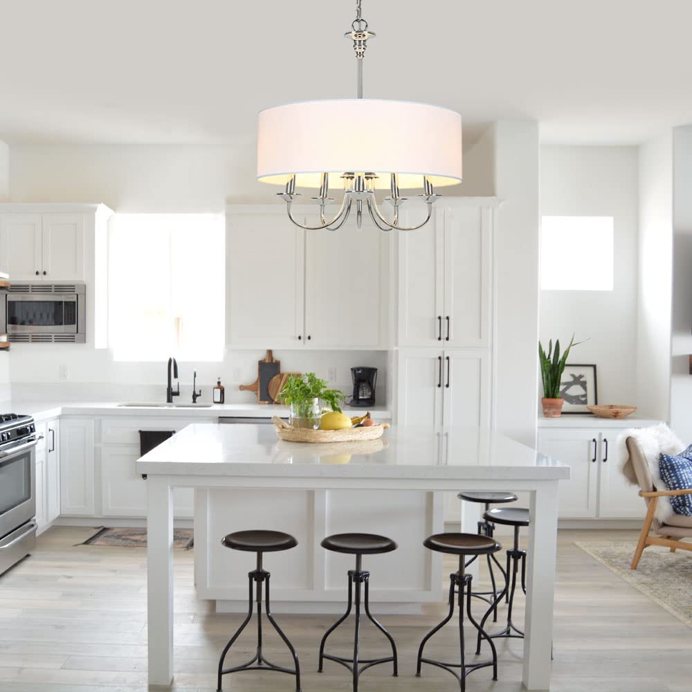 5-Light Traditional Chandelier with White Linen Drum Shade, Drum Chandelier