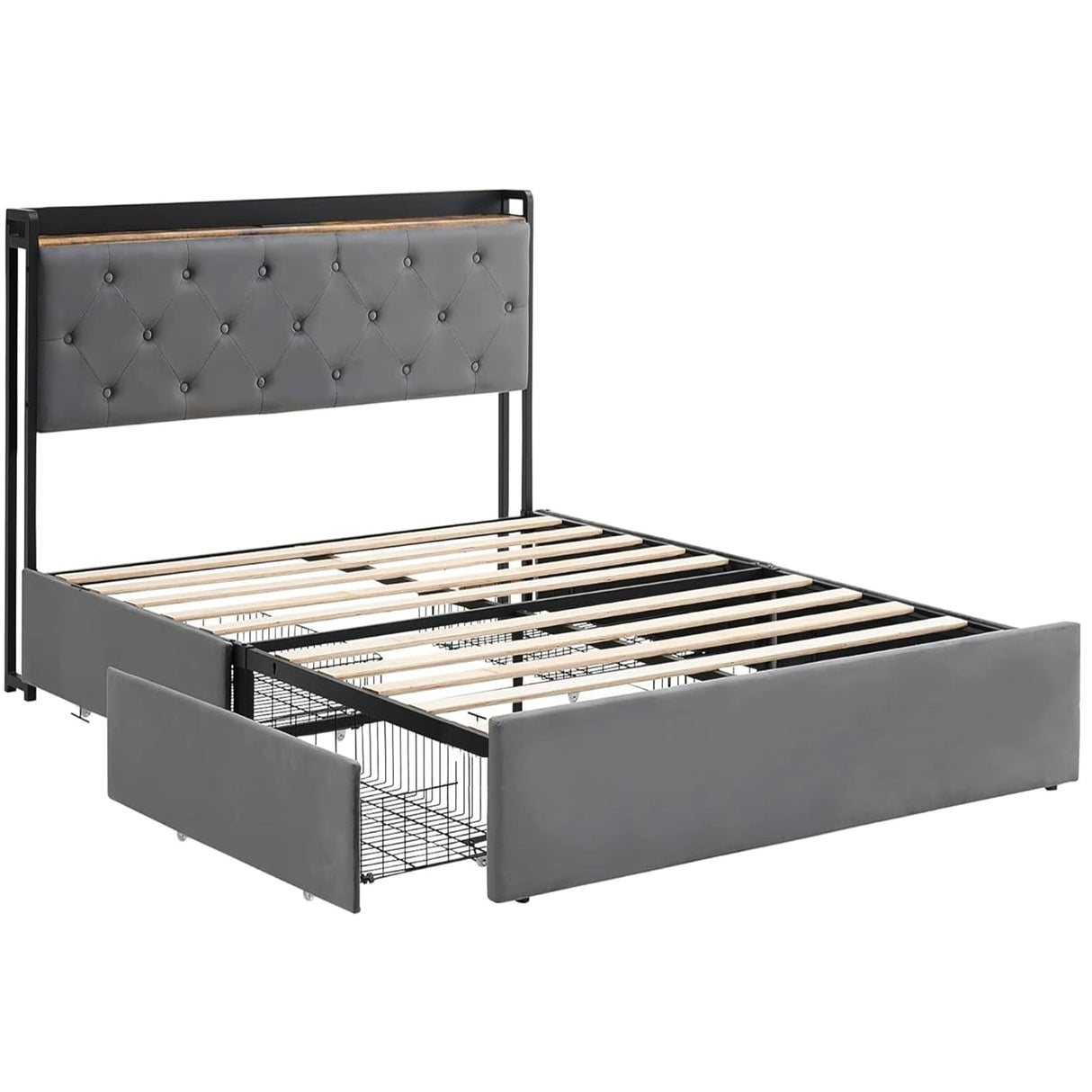 Queen Size Bed Frame with Headboard and 4 Storage Drawers Velvet Upholstered