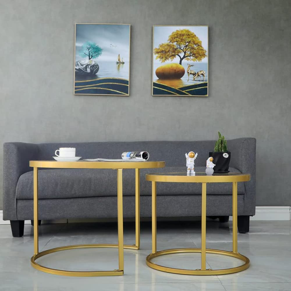 Gold Nesting Coffee Table Set of 2, Small Glass Nesting Tables for Living Room Bedroom